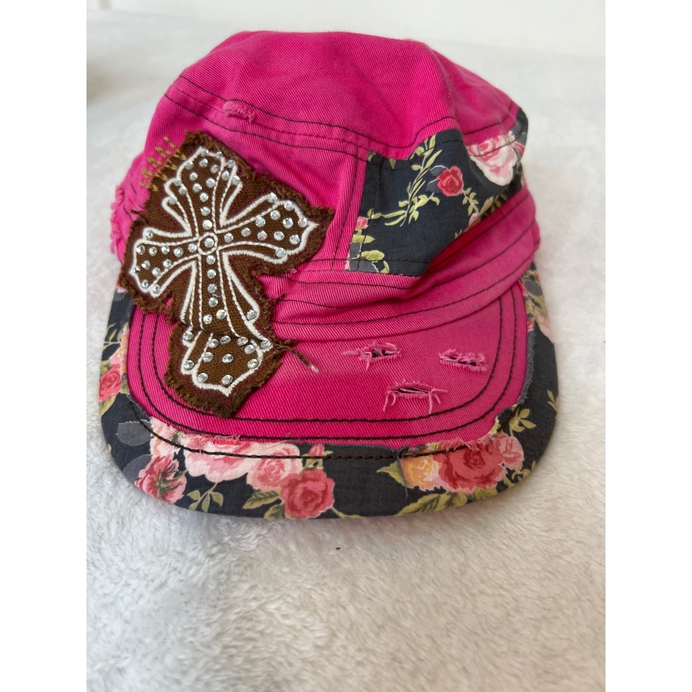 KBETHOS Pink Floral Rhinestone Cross Cadet Hat Distressed Military Cap Y2K